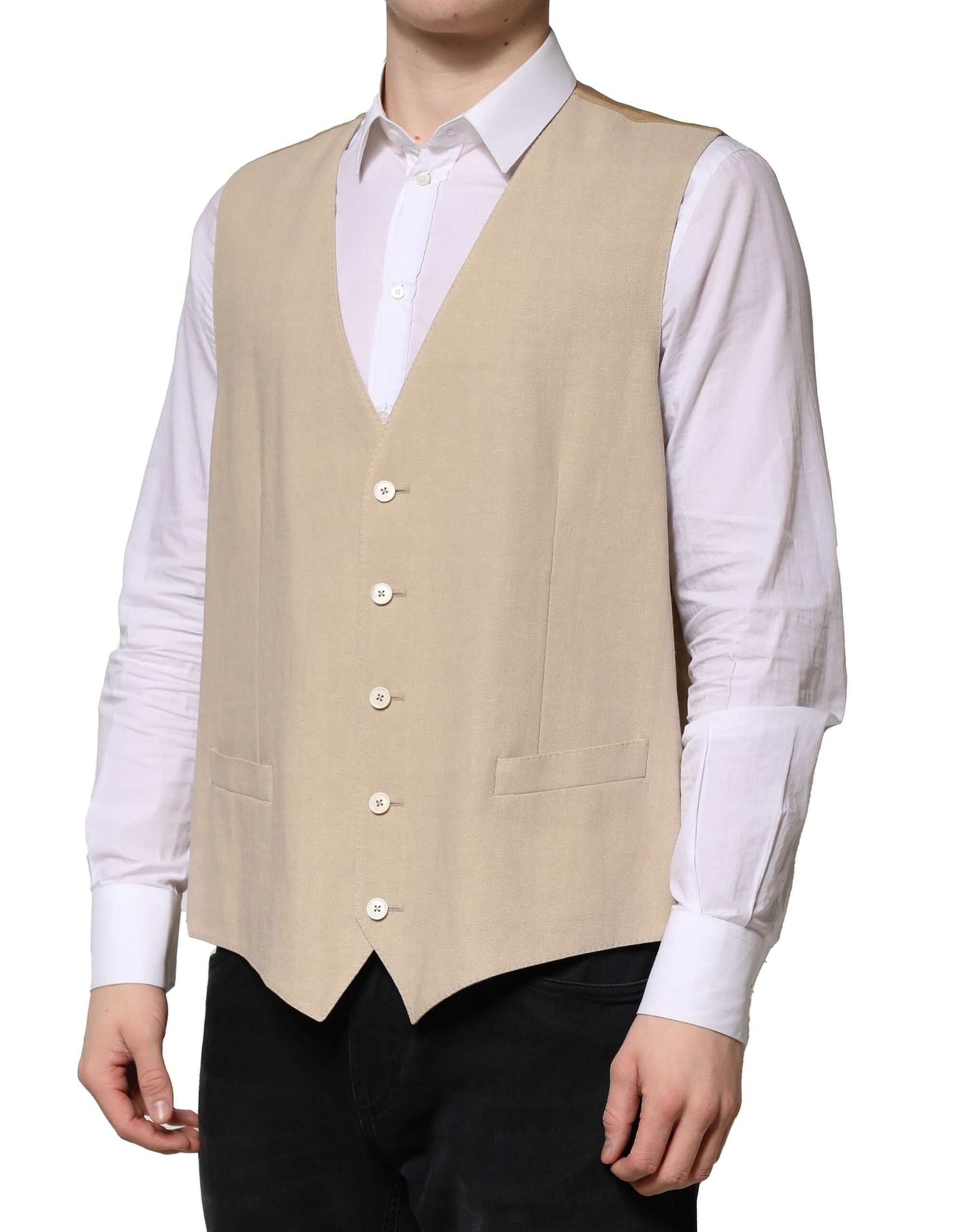 Dolce & Gabbana Beige Linen Dress Formal Men Waistcoat Vest